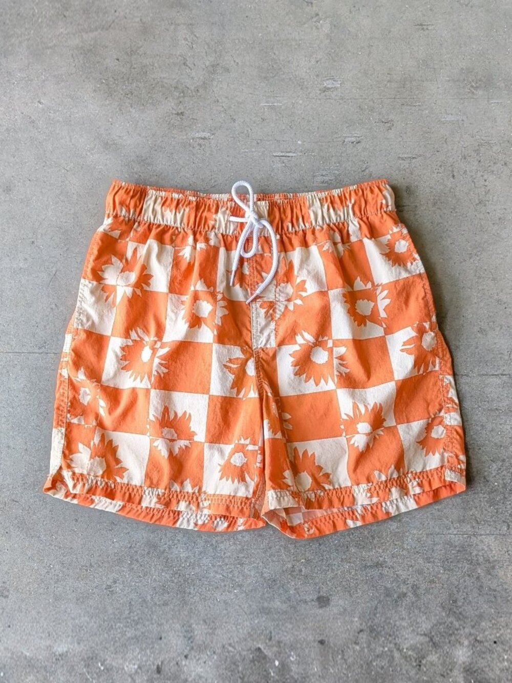 Urban Outfitters Orange Cream Checkered Floral Swim Trunks medium